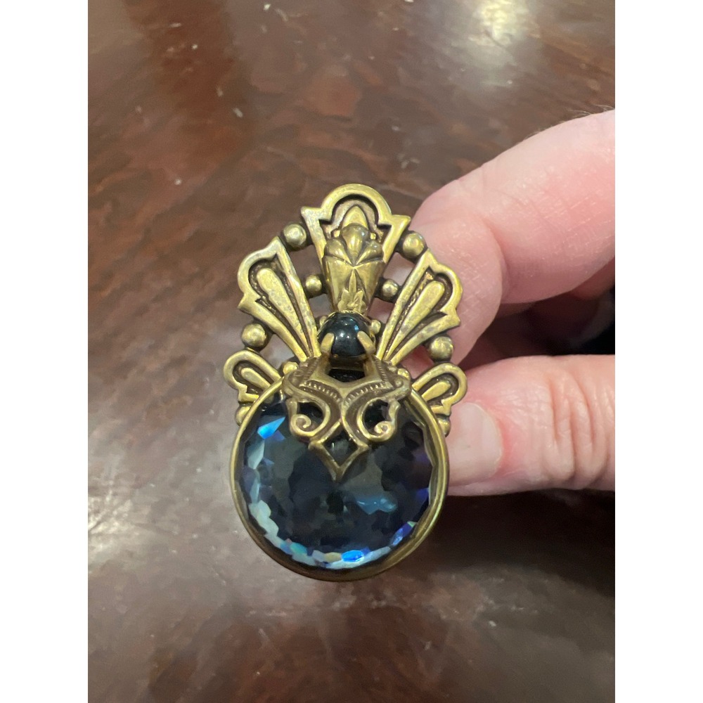 Jan Michaels San Francisco Brass Art Deco Blue Crystal Statement Cocktail Ring